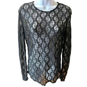 Lauren Ralph Lauren Black Sheer See Through Lace Long Sleeve Top Women's Sz L